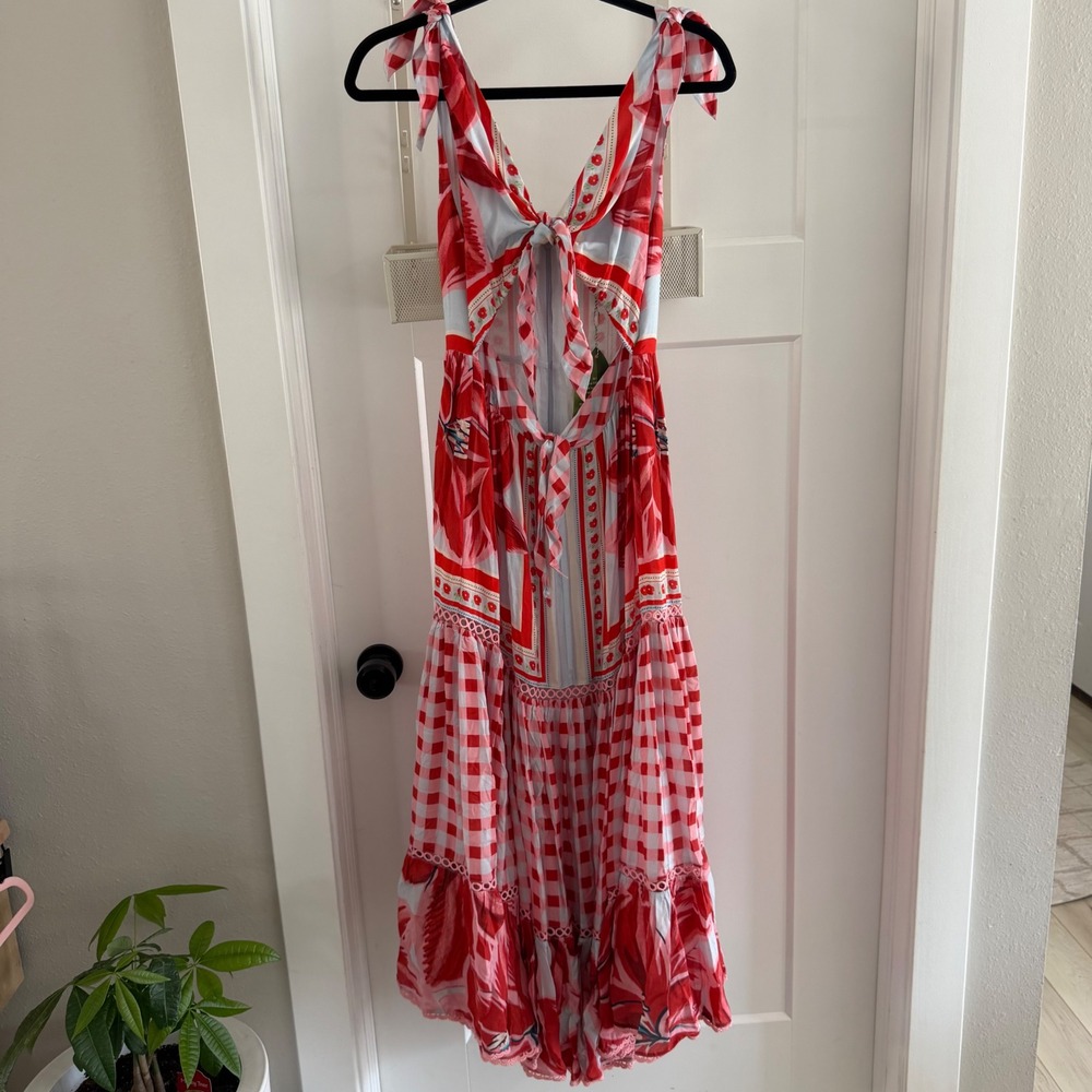 FARM Rio Azalea Mix Midi Dress Red Blue Gingham‎ Floral Cutout Size S NWT Picnic